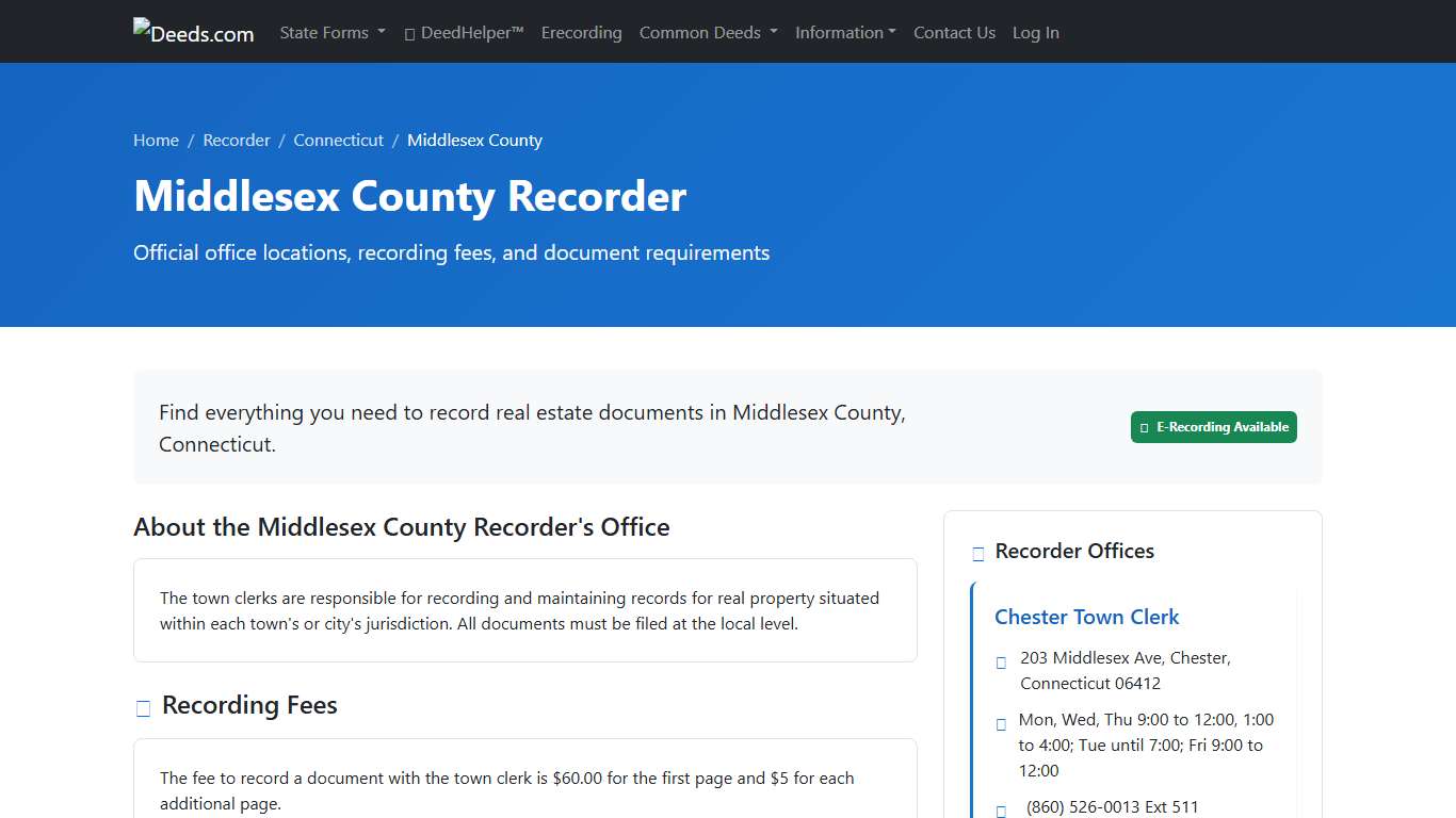 Middlesex County Recorder Information, Connecticut - Deeds.com